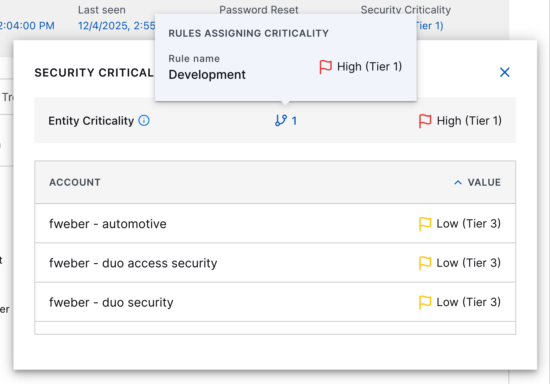 The details of a user entity showing the Attack Surface Insights rule that assigned the security criticality.