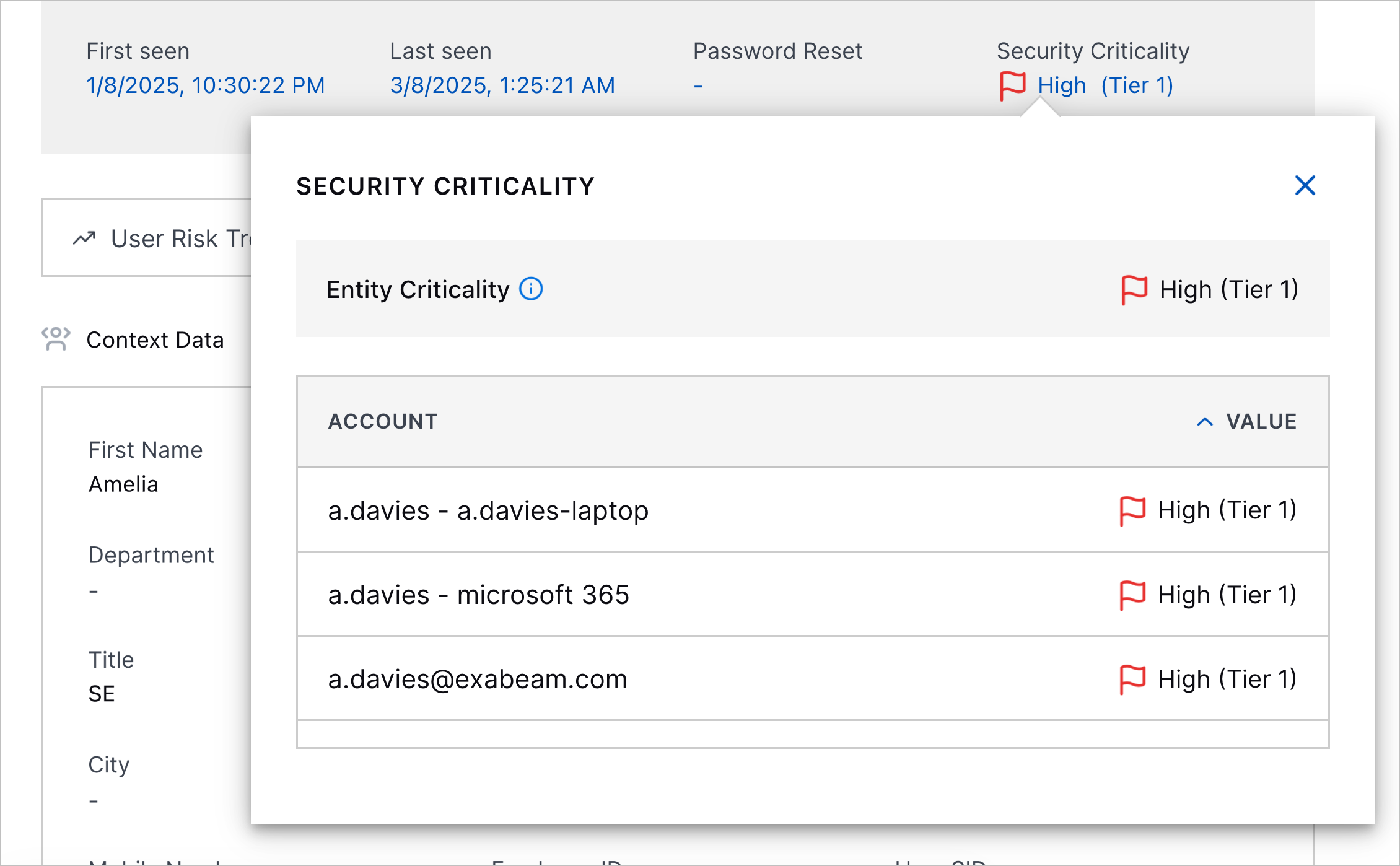 The details of a user entity showing more information about security criticality.