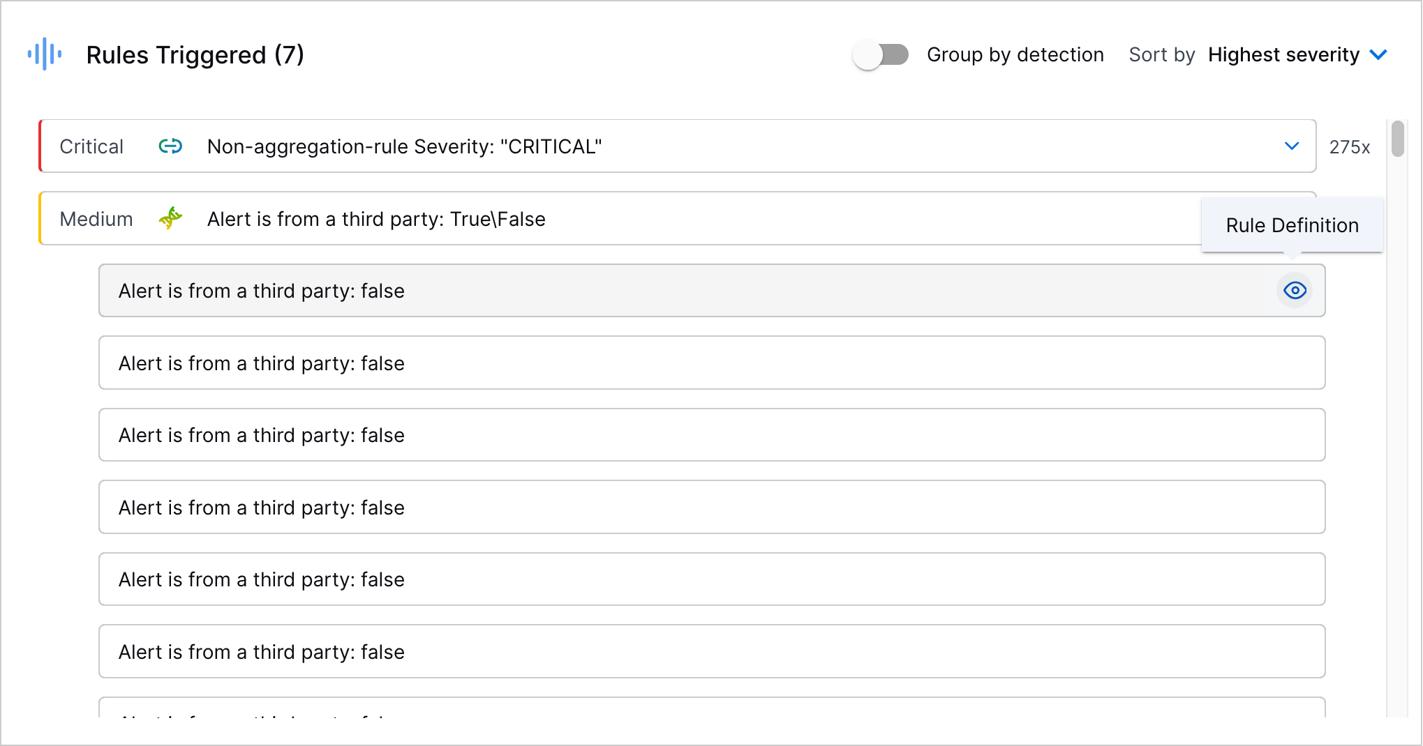 The Rules Triggered section showing the tooltip for the Rule Definition.
