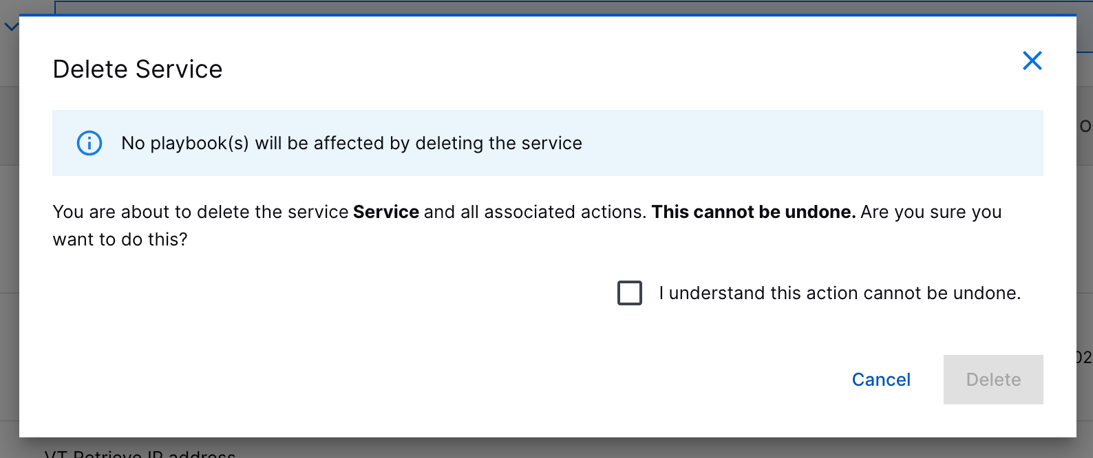 The Delete Service dialog.