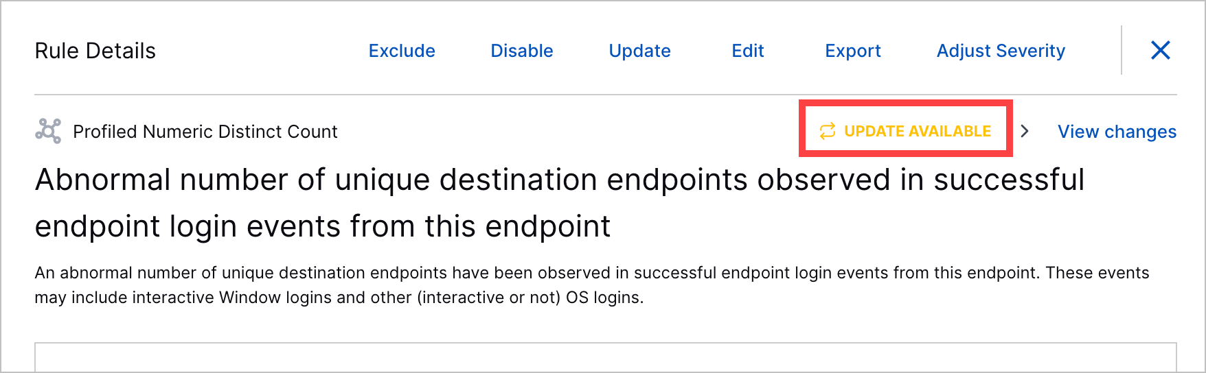 The details of an analytics rule with the Update Available status highlighted in a red rectangle.