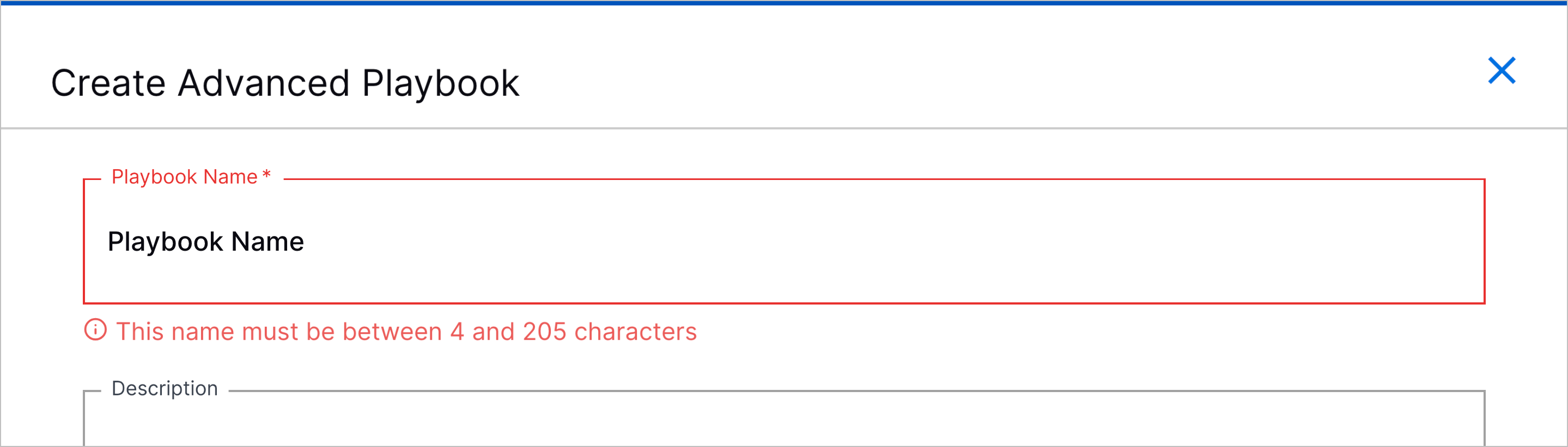 The Create Advanced Playbook dialog displaying the criteria for the Playbook Name field.