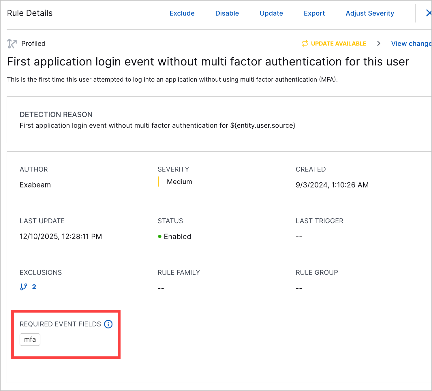 The Required Event Fields section in the analytics rule details highlighted in a red rectangle.