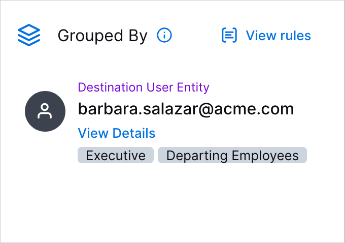 The Grouped By section of the Overview tab, showing a destination user entity tagged with the Executie and Departing Employees tags.