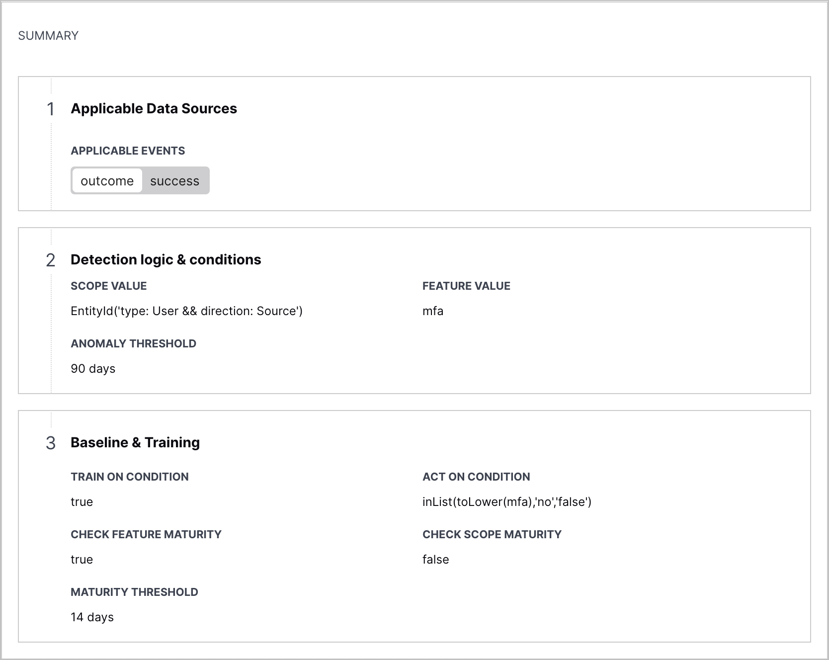 The Summary section in analytics rule details.