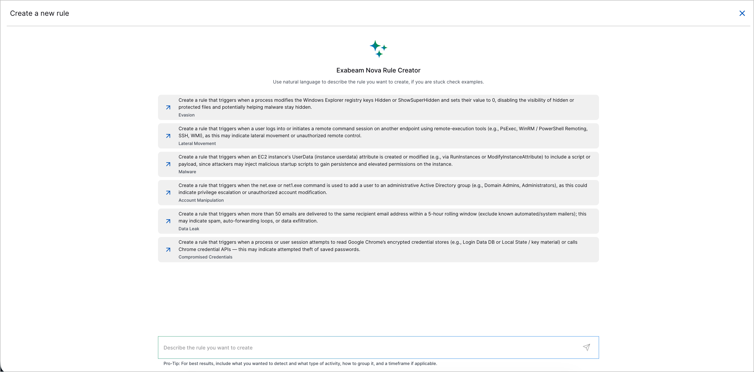 The page you see when creating a correlation rule using Exabeam Nova Rule Creator.