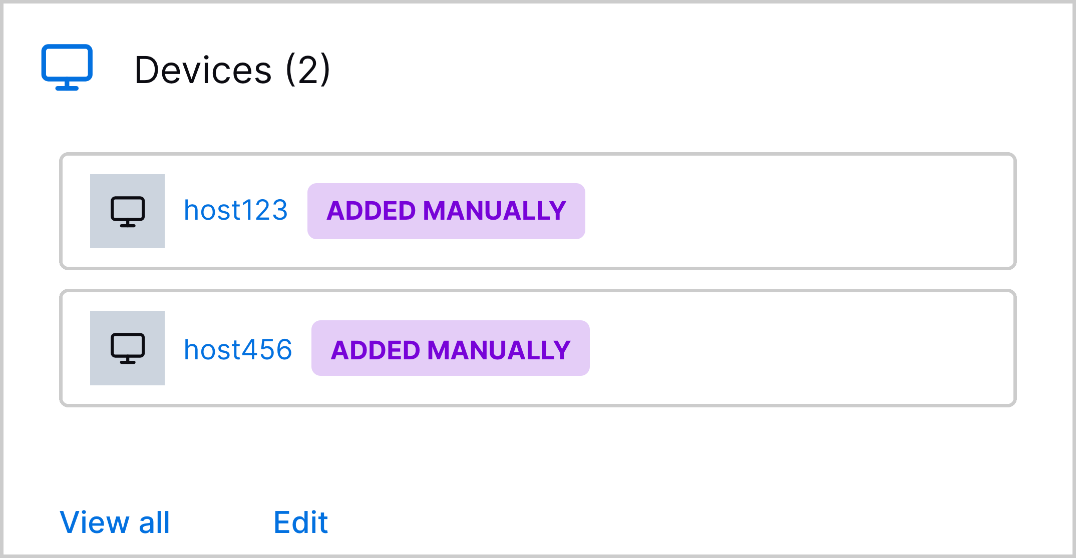 The Devices section of the case Overview tab showing two device entities manually added to the case.