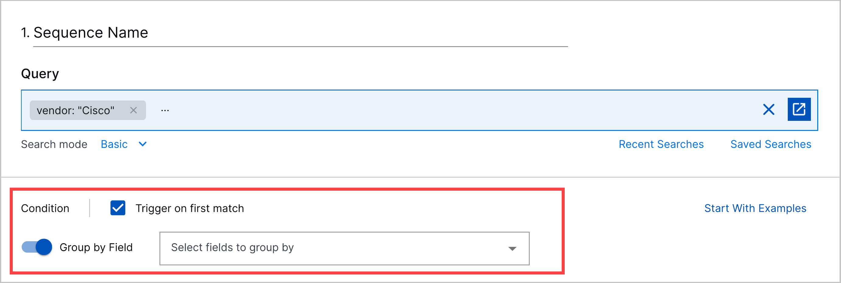 A sequence in a correlation rule with Trigger on first match selected and Group by Field toggled on.