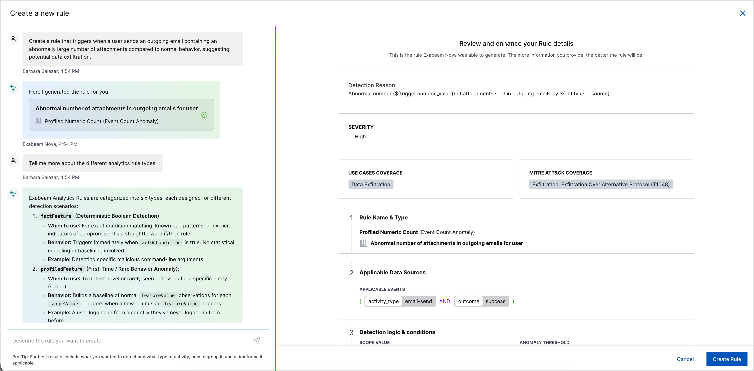 The draft of an analytics rule created by Exabeam Nova Rule Creator.
