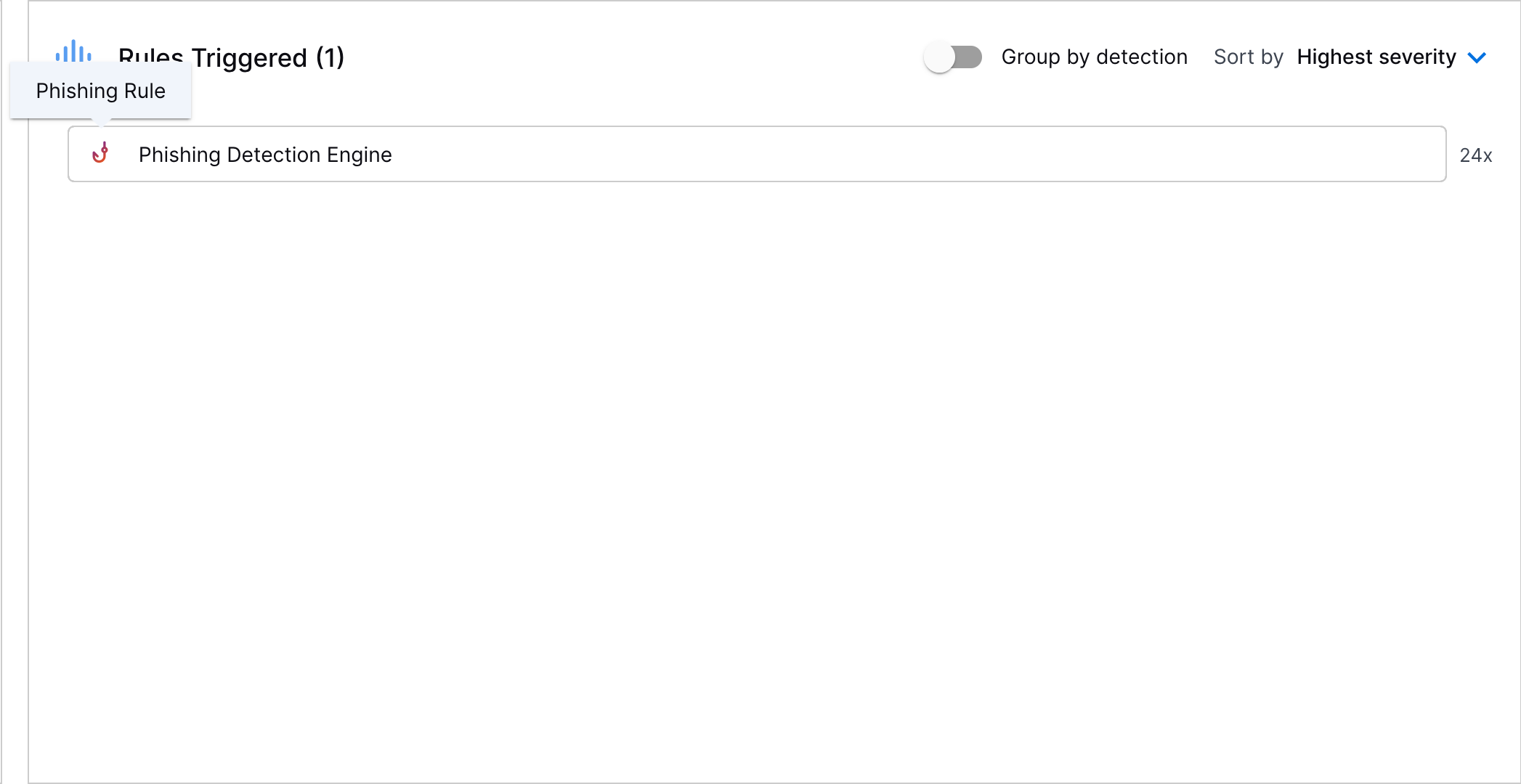 The Rules Triggered section showing the tooltip for a phishing rule.