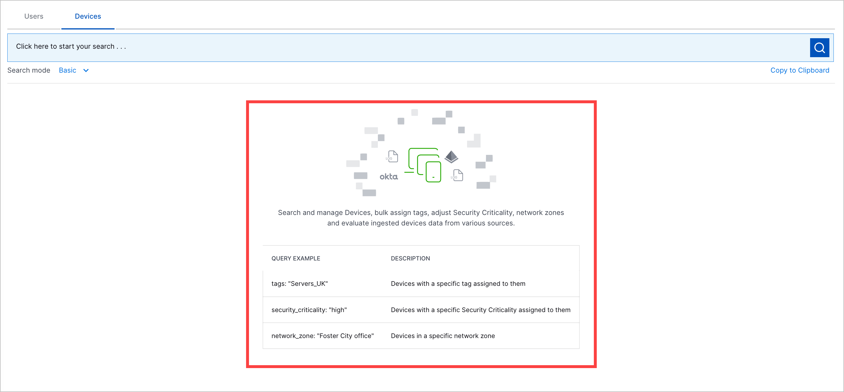The Devices tab with the clickable search queries in the default view highlighted in a red rectangle.