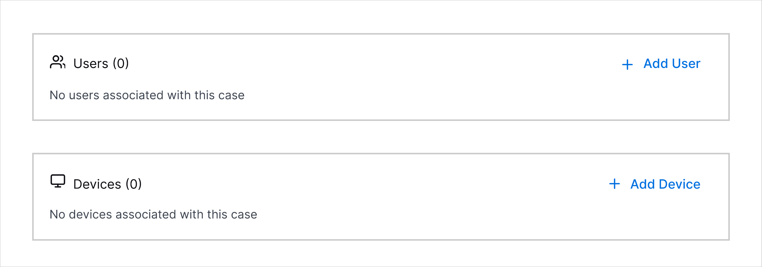 The settings to add user and device entitiesto a case.