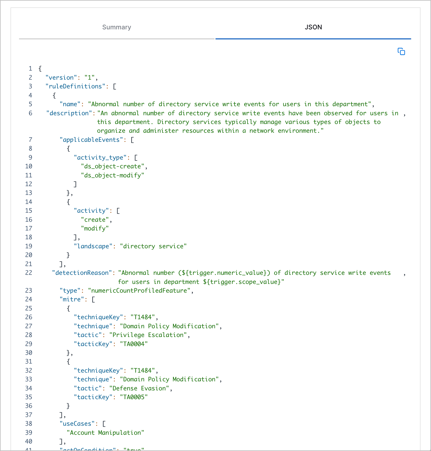The JSON tab in the analytics rule details.