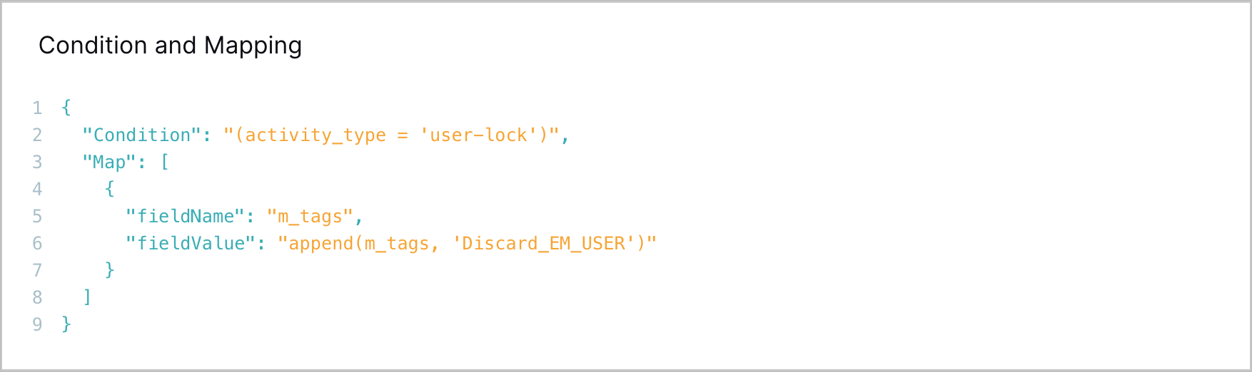 The condition and mapping section of an enrichment rule details, showing 'Discard_EM_USER value mapped to the m_tags field.