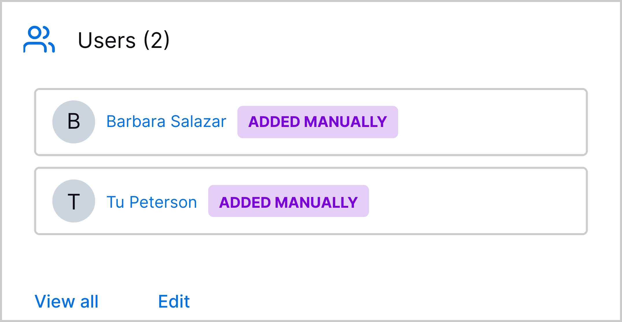 The Users section of the case Overview tab showing two user entities manually added to the case.