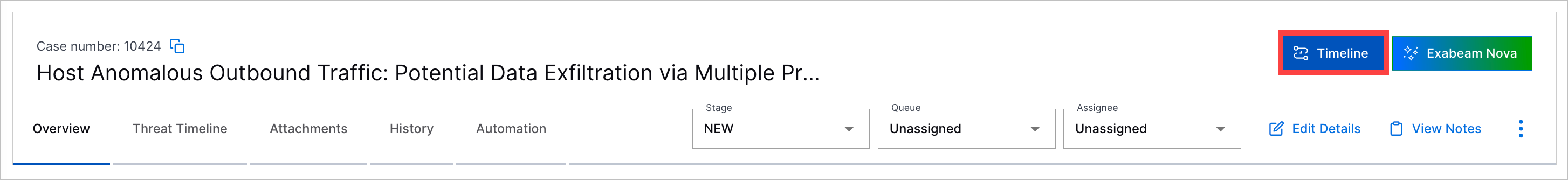 A case with the Timeline button highlighted in a red rectangle.