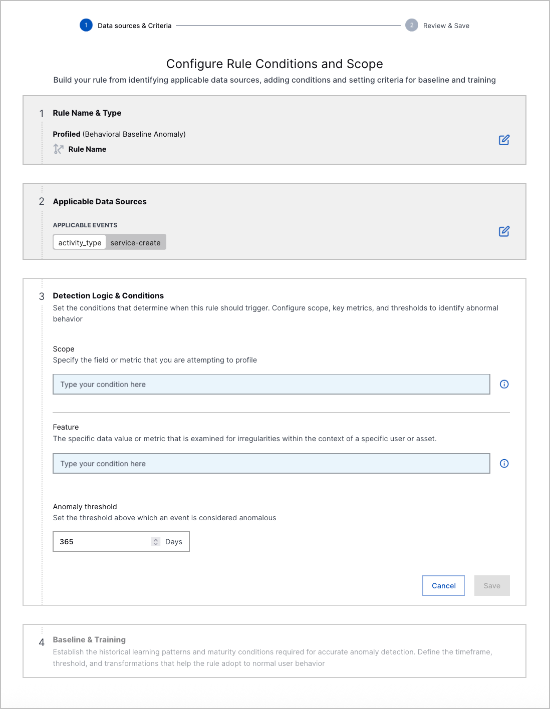 The third step of the analytics rule builder, where you configure the detection logic and conditions.