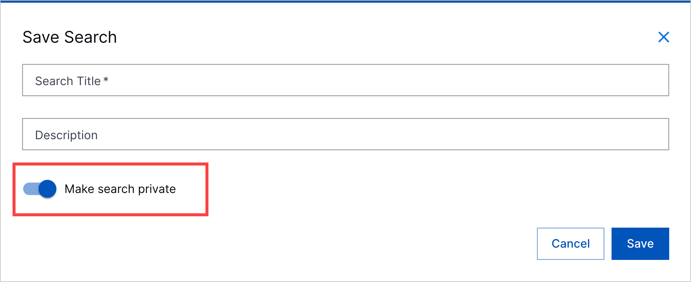 The Save Search window with the Make search private toggle highlighted in a red rectangle.
