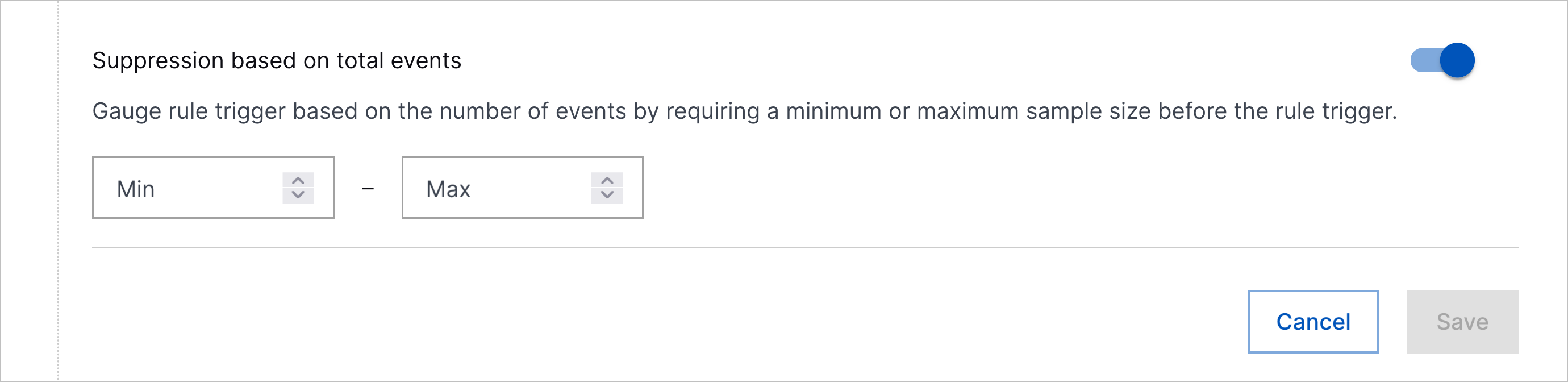 The Suppression based on total events toggle in the analytics rule builder.
