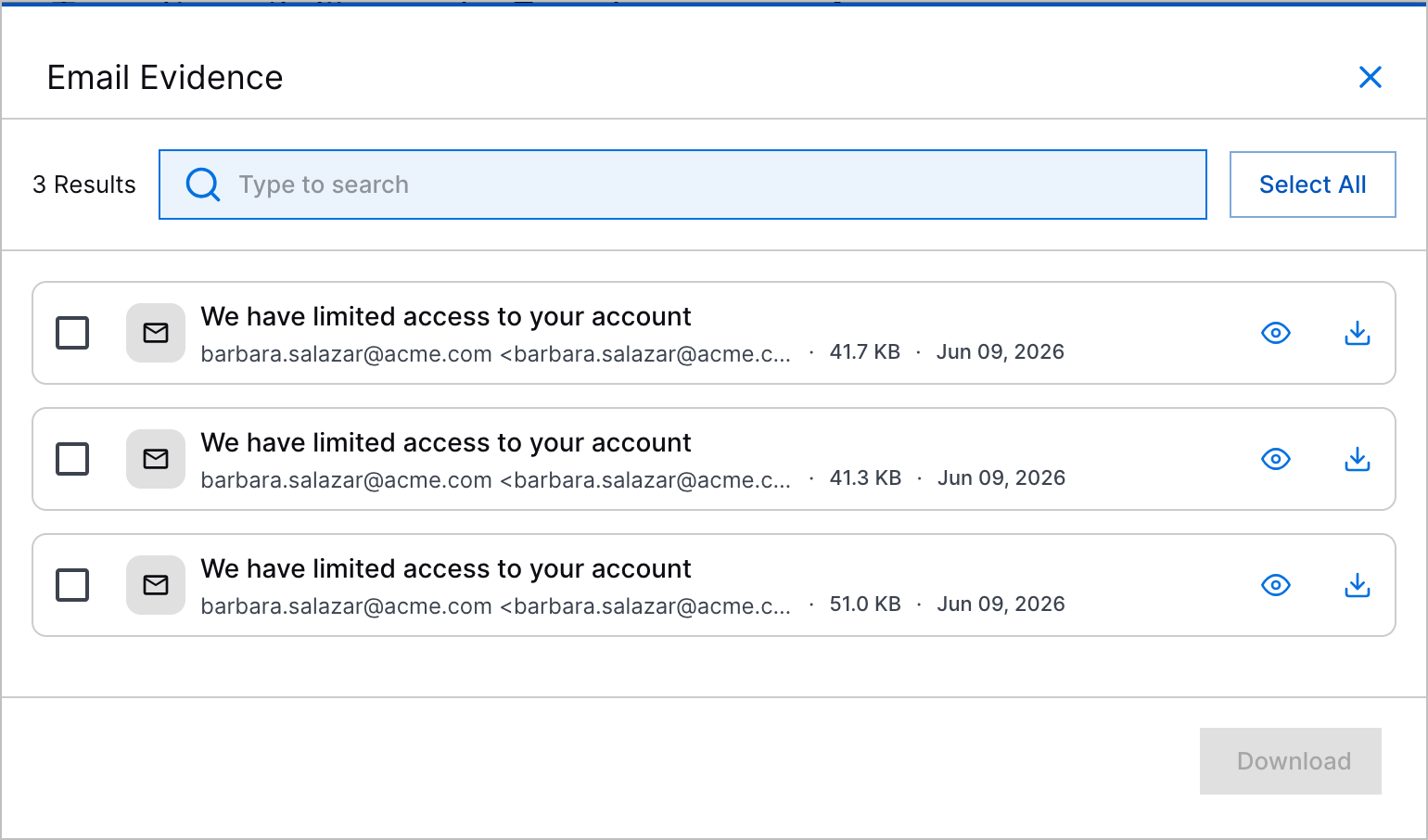 The Email Evidence window under the Overview tab of a case.