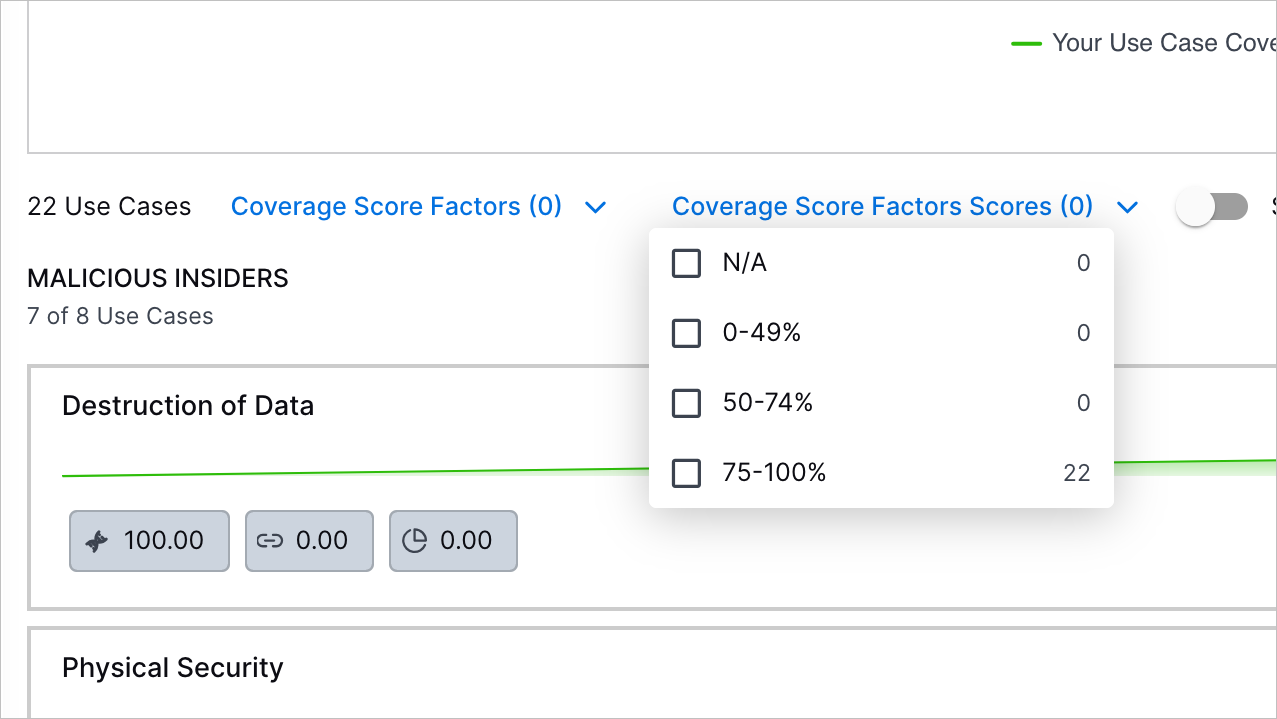 The Coverage Score Factors Scores filter in the Use Case Coverage tab.