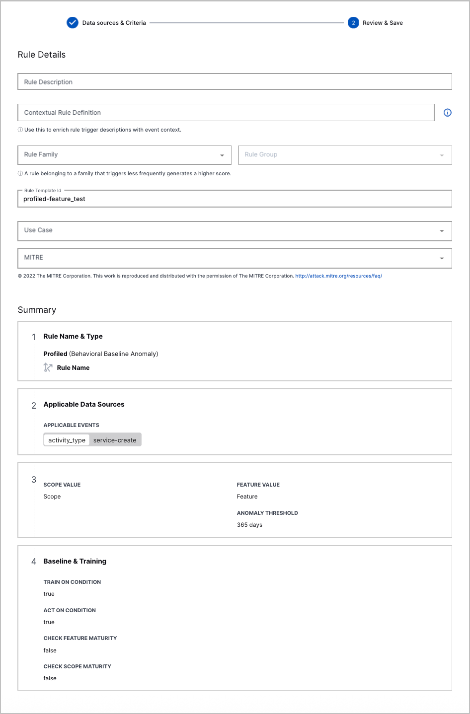 The step of the analytics rule builder where you finalize rule details.