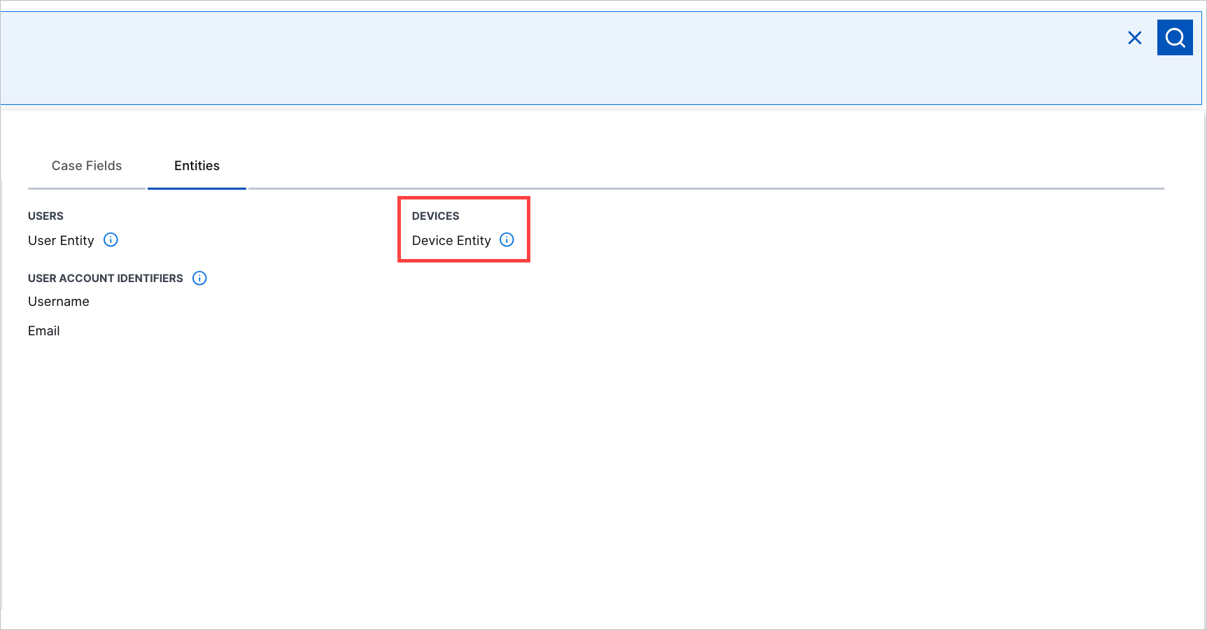 The Device Entity Search under the Entities tab in Threat Center basic search highlighted in a red rectangle.