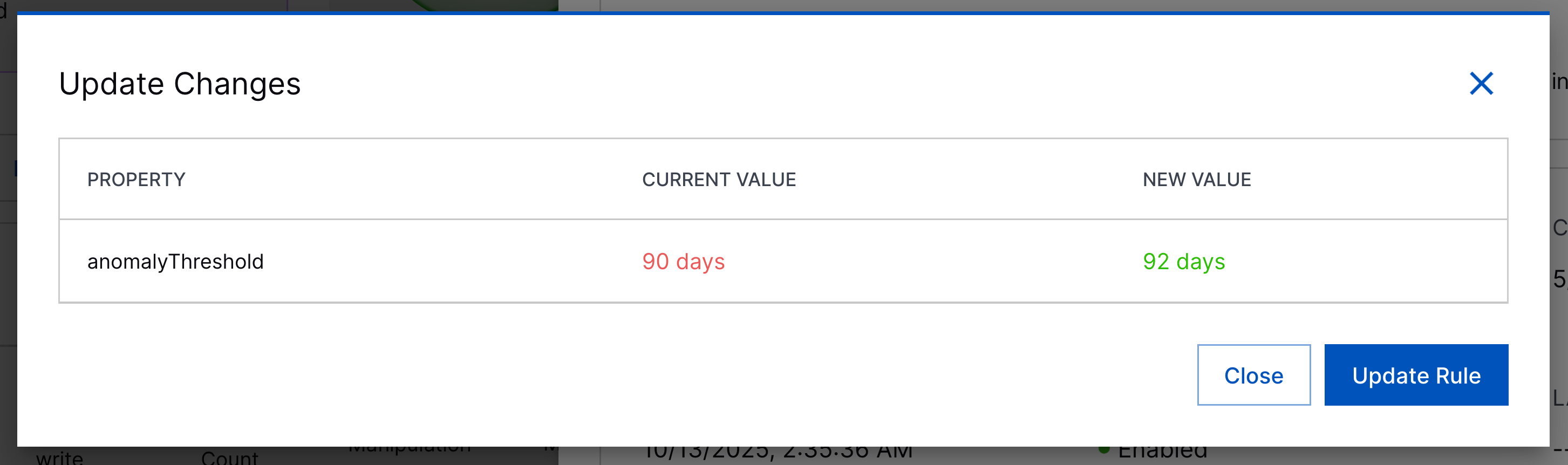 The Update Changes dialog showing the current value and new value for the anomalyThreshold field.