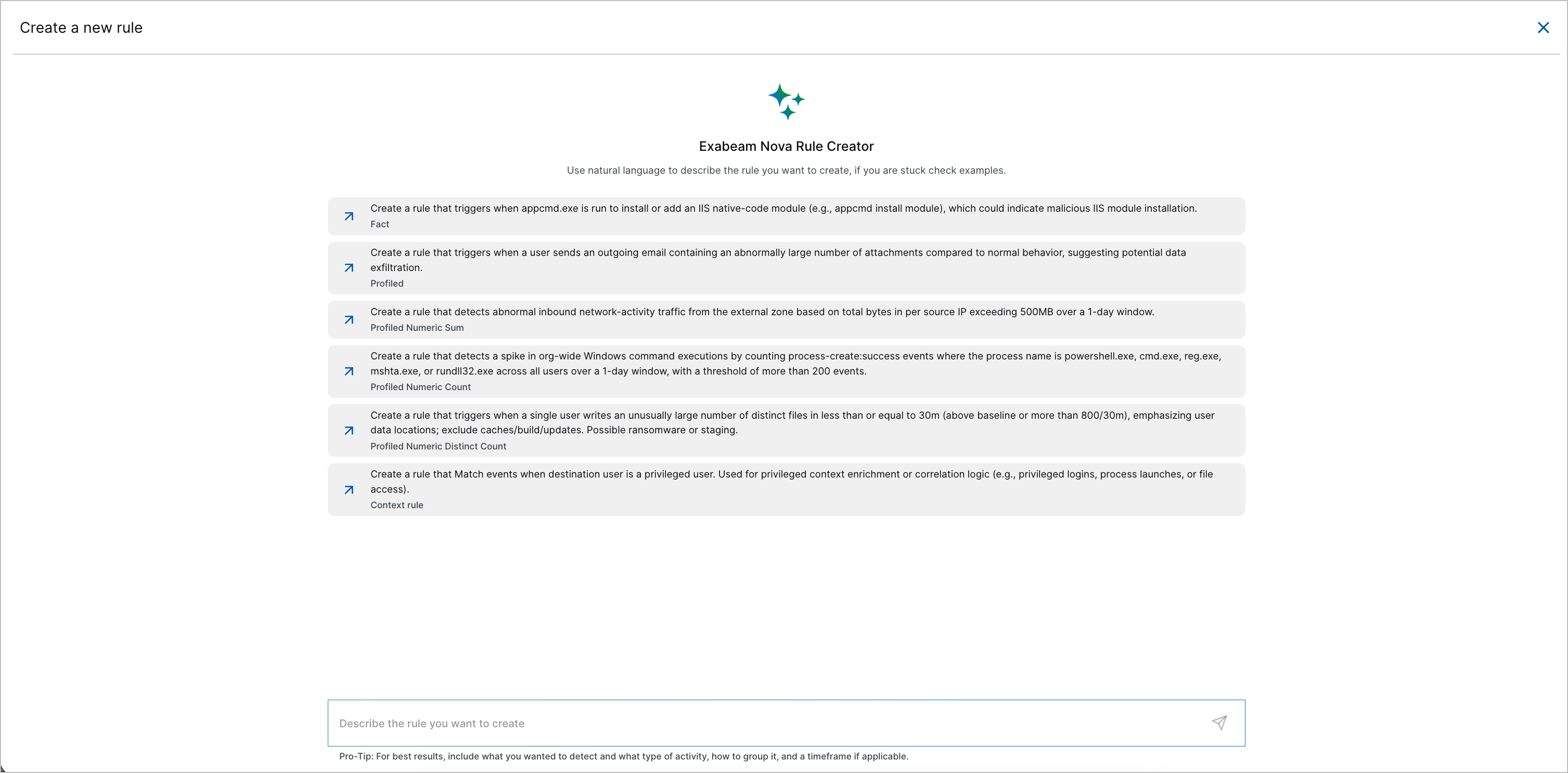 The page you see when creating an analytics rule using Exabeam Nova Rule Creator.
