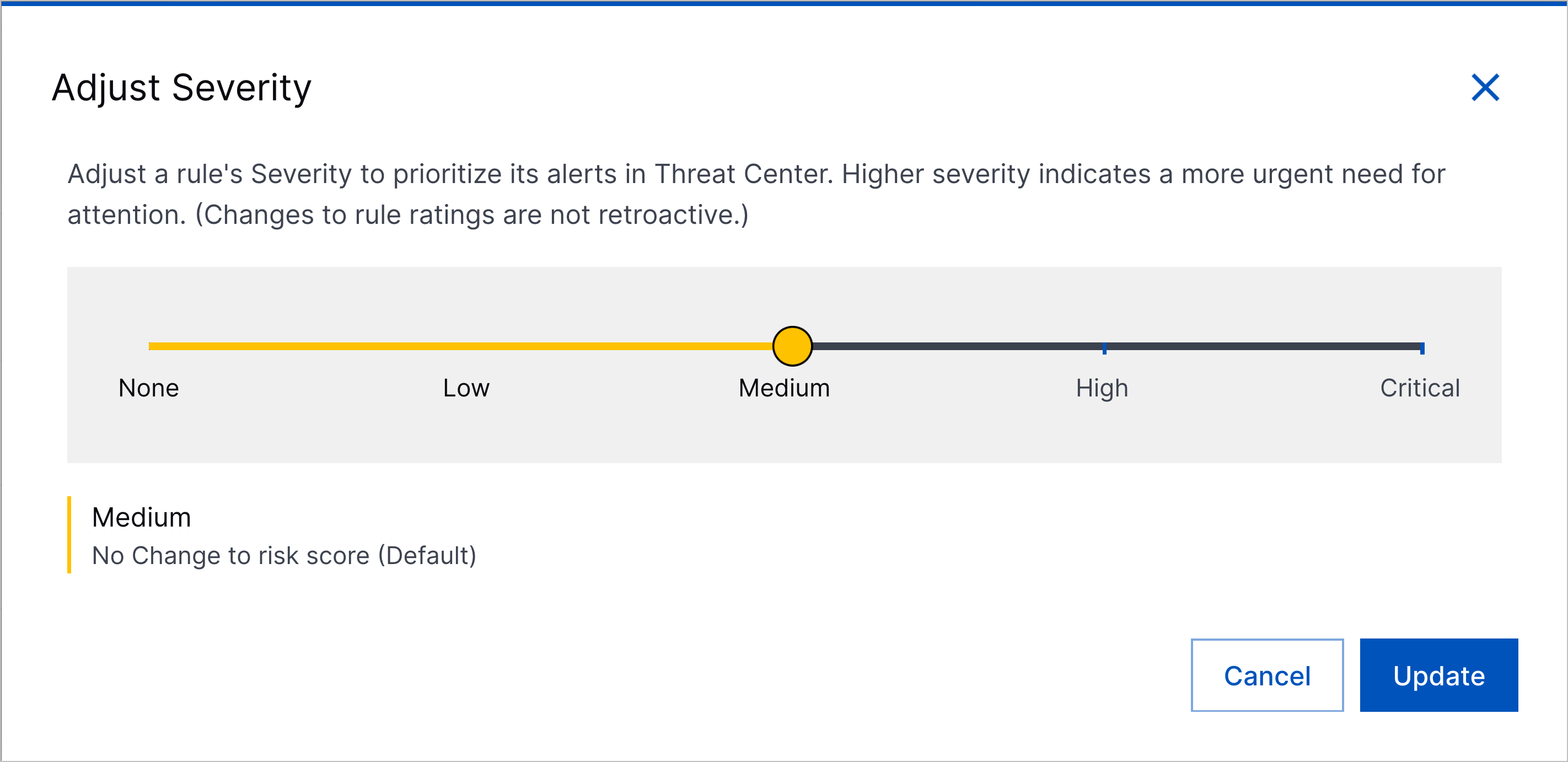Window for adjusting analytics rule severity.