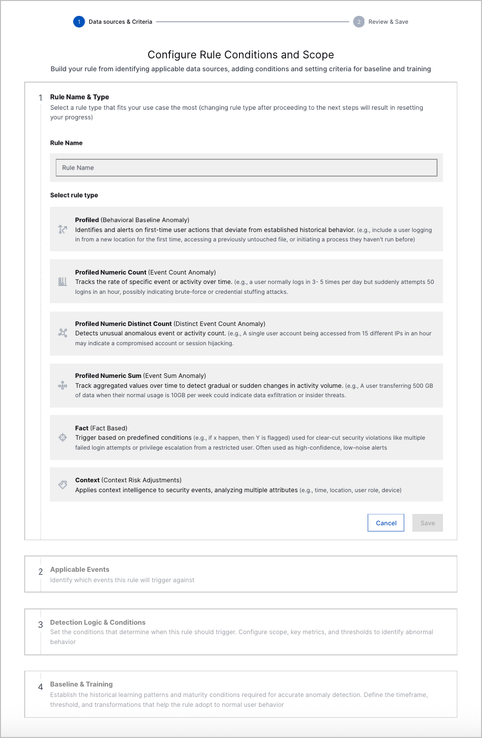 The first step of the analytics rule builder, where you enter a name for the analytics rule and select the analytics rule type.