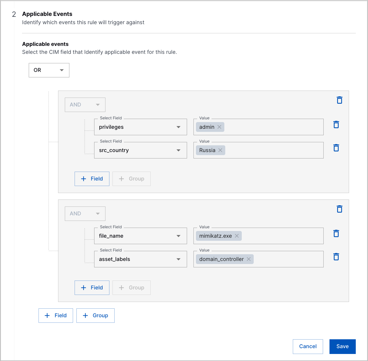 Two groups of conditions with OR operator under Applicable Events in the analytics rule builder.