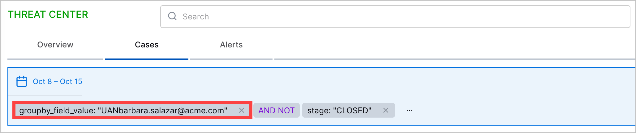 The Threat Center search with groupby_field_value: "UANbarbara.salzar@acme.com" in the query highlighted in a red rectangle.