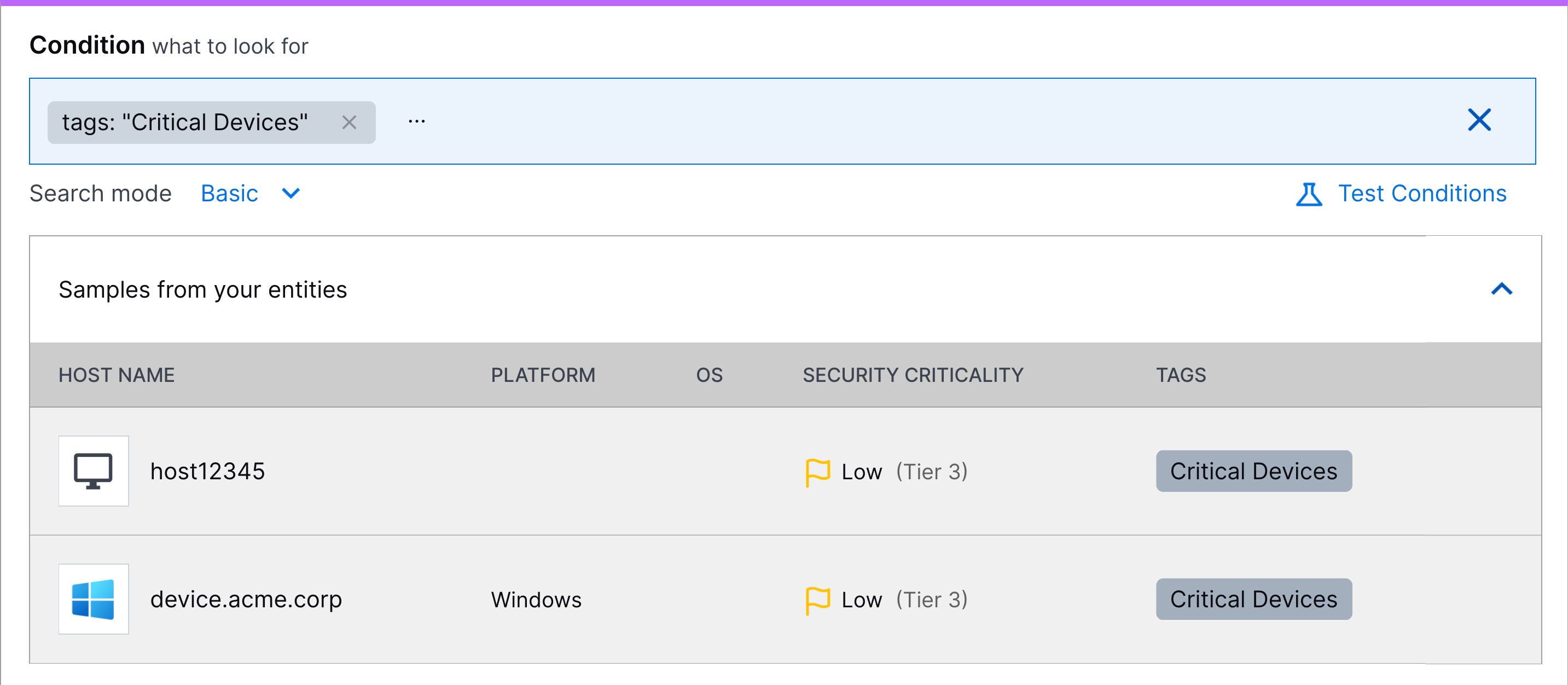 The condition of an Attack Surface Insights rules and the condition test results.