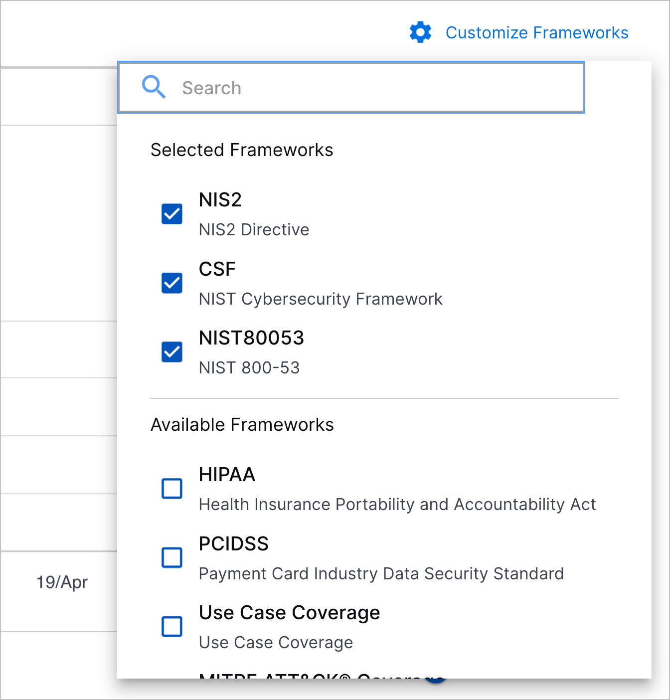The Customize Frameworks menu opened with the NIS2, CSF, and NIST80053 compliance frameworks selected.