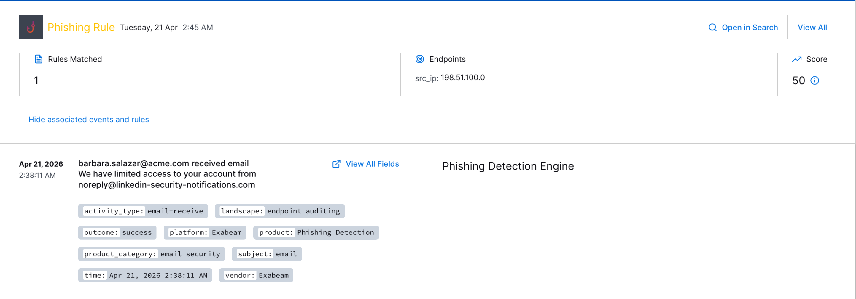 A phishing rule detection in the Threat Timeline of a case.