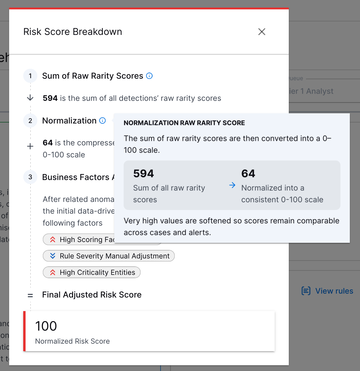 The explanation of a case risk score showing more information about the Normalization step.