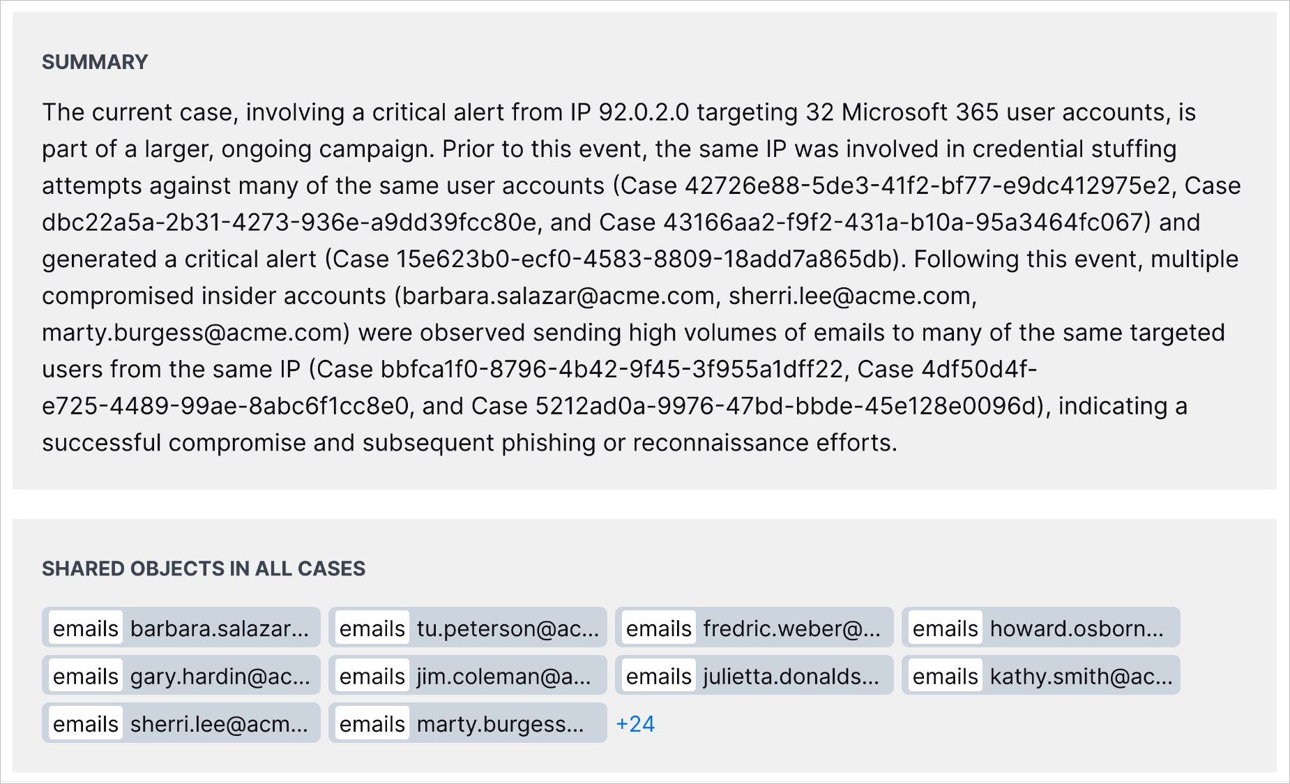 The Summary and Shared Objects in All Cases section of Exabeam Nova Related Cases.