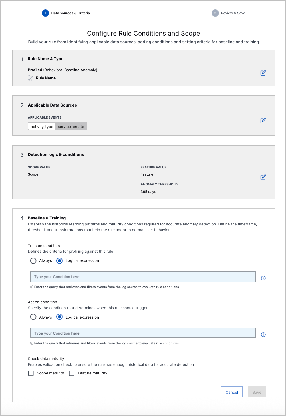 The fifth step of the analytics rule builder, where you configure baseline and training behaviour.
