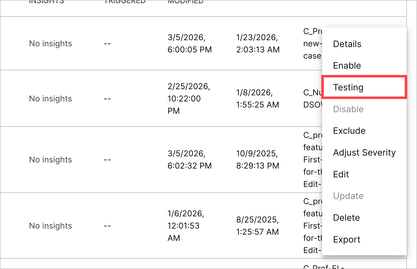 The More menu for an analytics rule with the Testing action highlighted in a red rectangle.