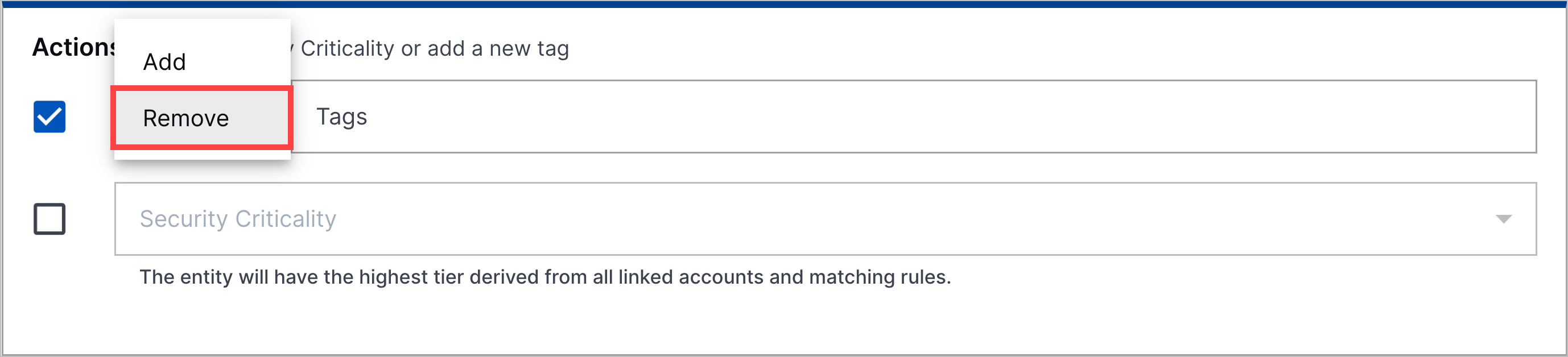 The Attack Surface Insights rule action with the remove selector for tags highlighted in a red rectangle.