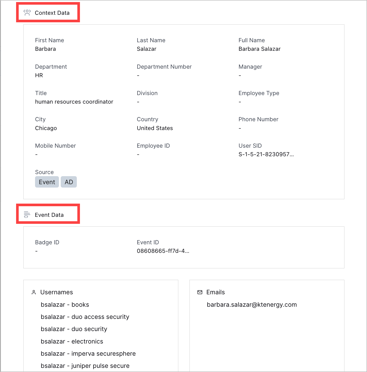 The details of a user entity with the Context Data and Event Data section headings highlighted in a red rectangle.