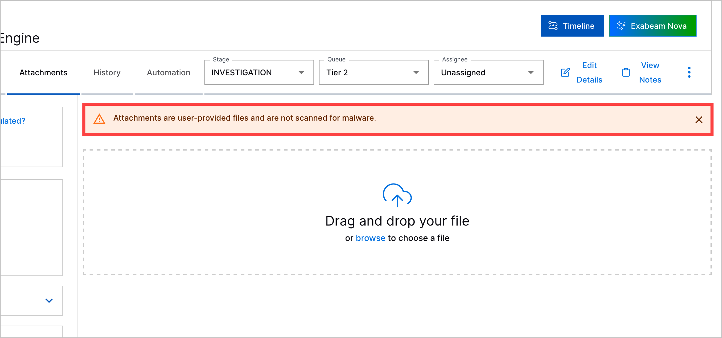 The disclaimer in the case Attachments tab highlighted in a red rectangle.