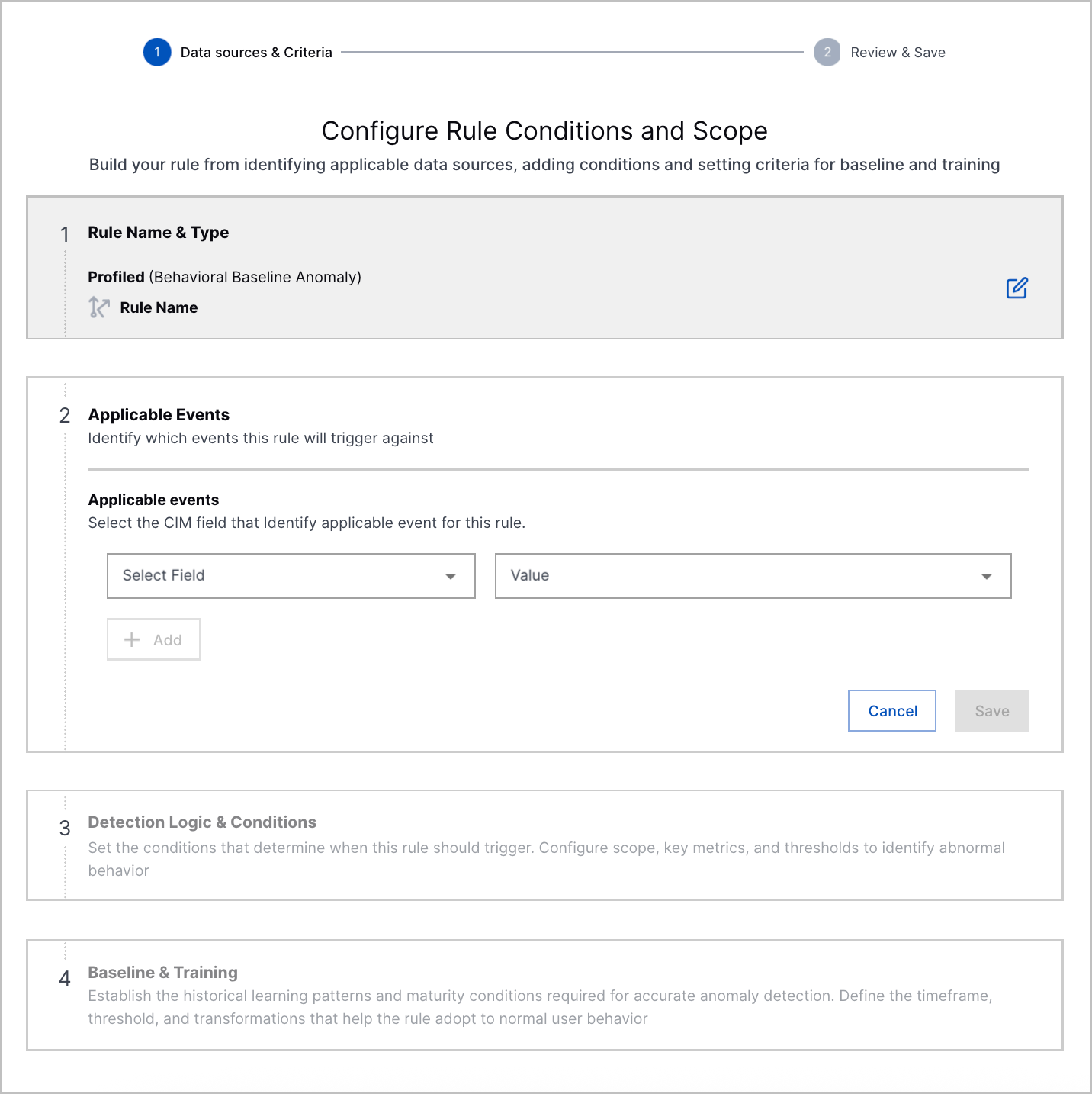 The second step of the analytics rule builder, where you select applicable events for the analytics rule.