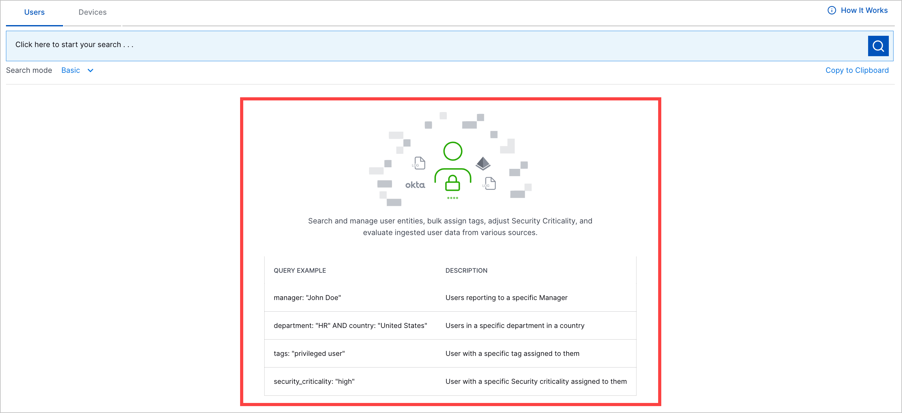 The Users tab with the clickable search queries in the default view highlighted in a red rectangle.
