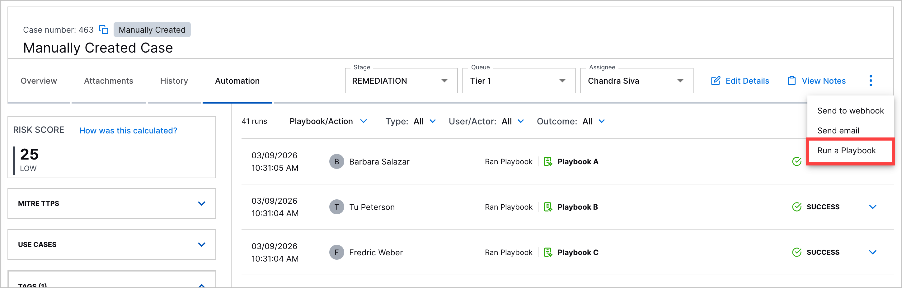 A manually created case with the Run a Playbook action highlighted in a red rectangle.