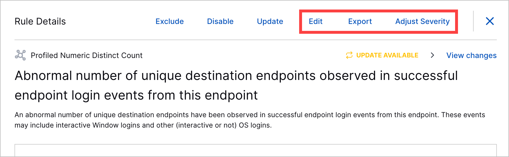 The details of analytics rule with the Edit, Export, and Adjust Severity actions highlighted in a red rectangle.