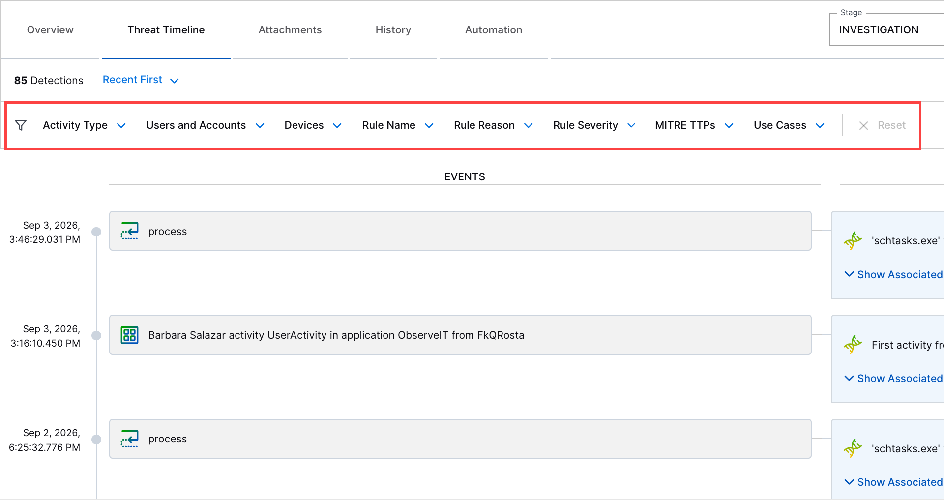 The filter options in the threat timeline highlighted in a red rectangle.