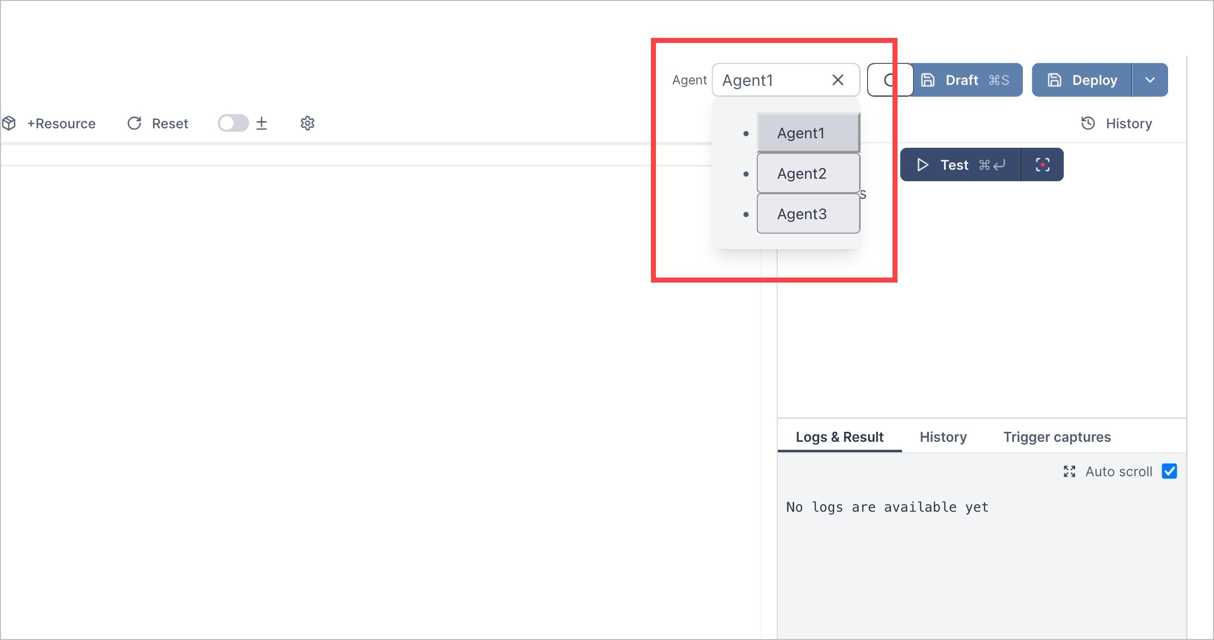 The list of automation agents in an action highlighted with a red rectangle.