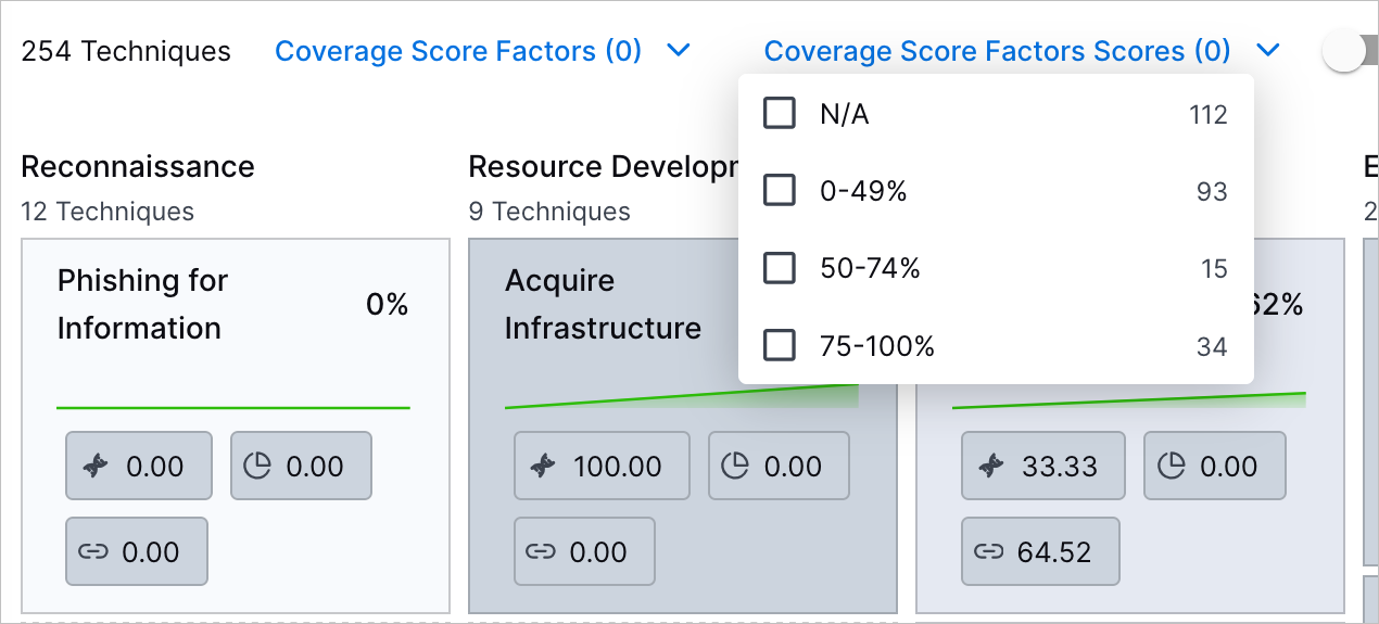 The Coverage Score Factors Scores filter in the MITRE ATT&CK Coverage tab.